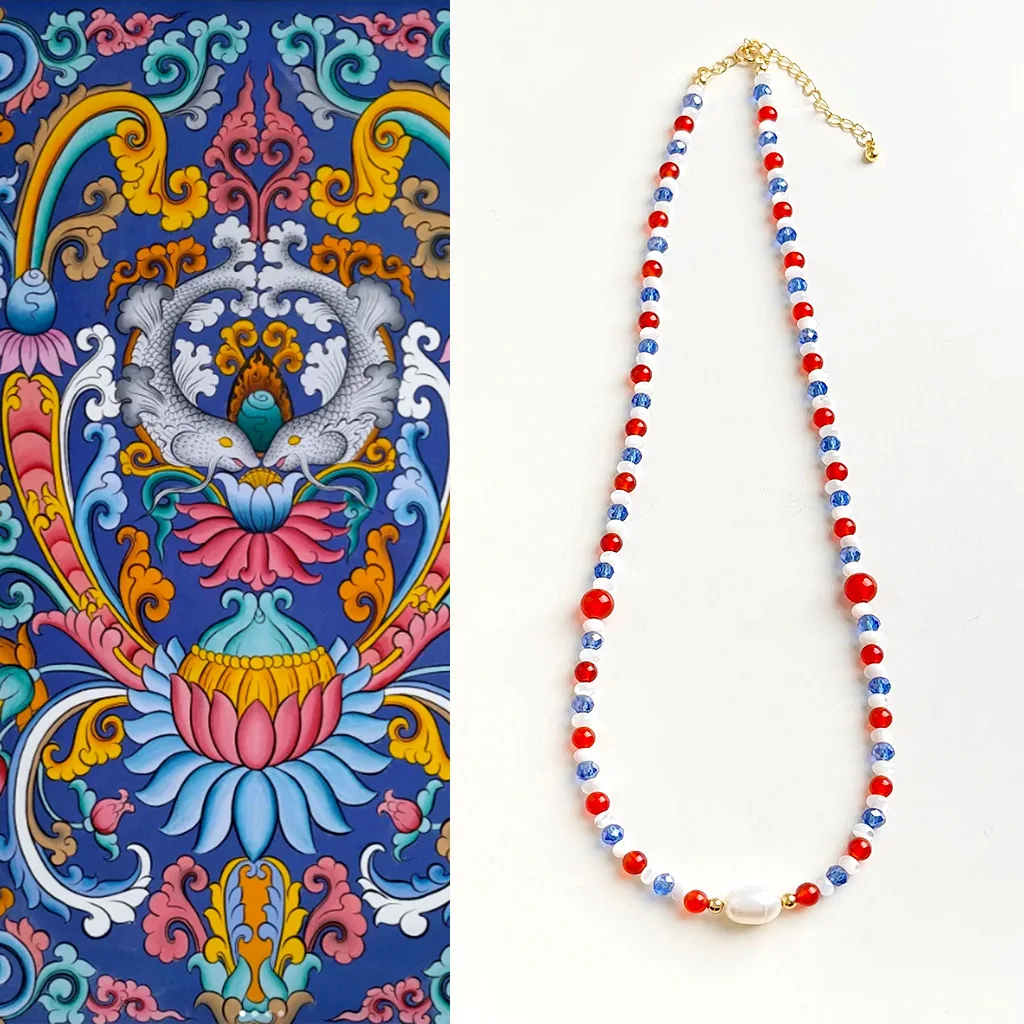 

Chinese Style Necklace Handmade Freshwater Pearls Red Agate Beads Bohemian Y2K Jewelry Oriental Minimalist Pendant