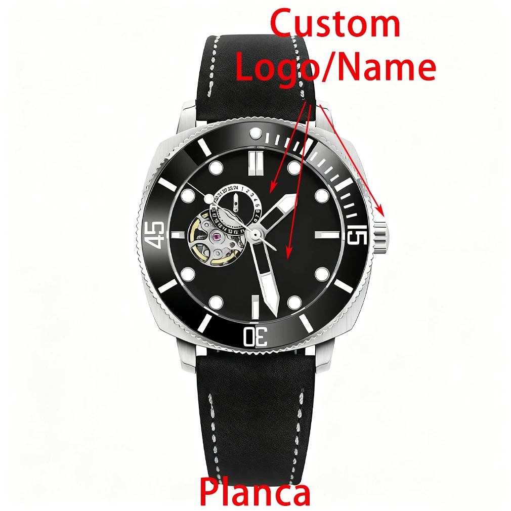 Customized logo 42mm NH39 Mechanical Leather Strap Sapphire White Black Dial Men's Watch