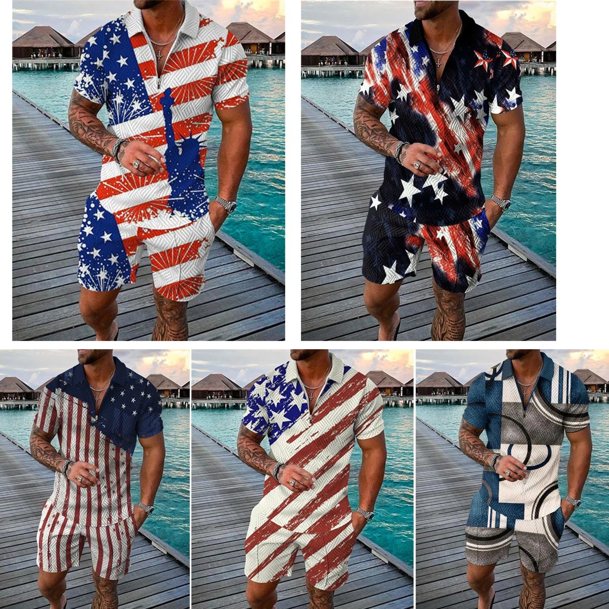 

Men's Tracksuit Independence Day Theme Casual Short Sleeve Zipper Polo Shirt&Shorts Set for Men Casual Streetwear 2-piece Suit