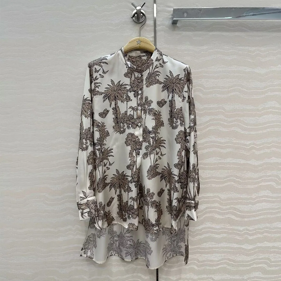 2025 nuevo otoño Vintage estampado de árbol de coco mariposa 100% Camisa larga de seda mujeres cuello redondo manga larga blusa Casual suelta Tops