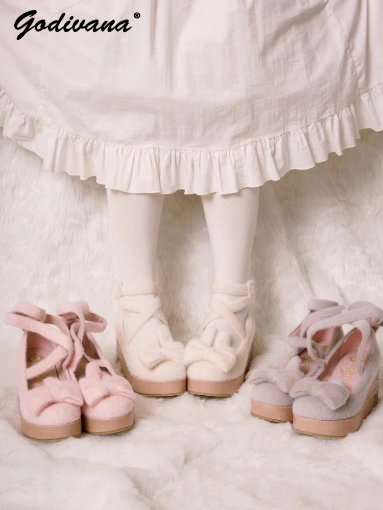 

Japanese Style High Heels New Autumn and Winter Girls Women's Lolita Wood Sole Wedge Soft Plush Thick Sole High Heel Pumps