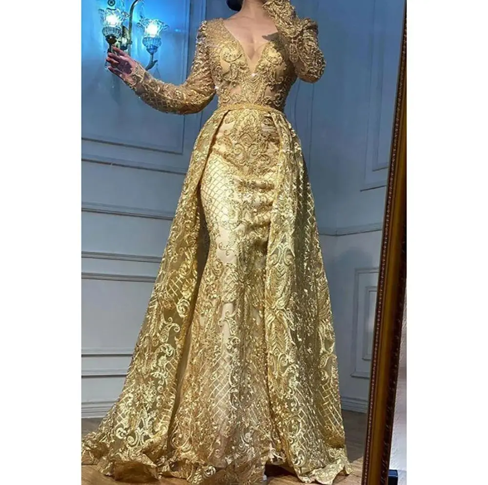 Luxury V Neck Gold Jacquard Women Evening Dress With Train Long Sleeved Custom Made Gown Vestido de novia