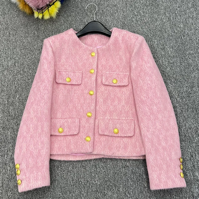 JANEFUR 2024 Spring Women Pink Wool Jackets Round Neck Long Sleeve Gold Button Single-Breasted Loose Fashion Short Woolen Coats