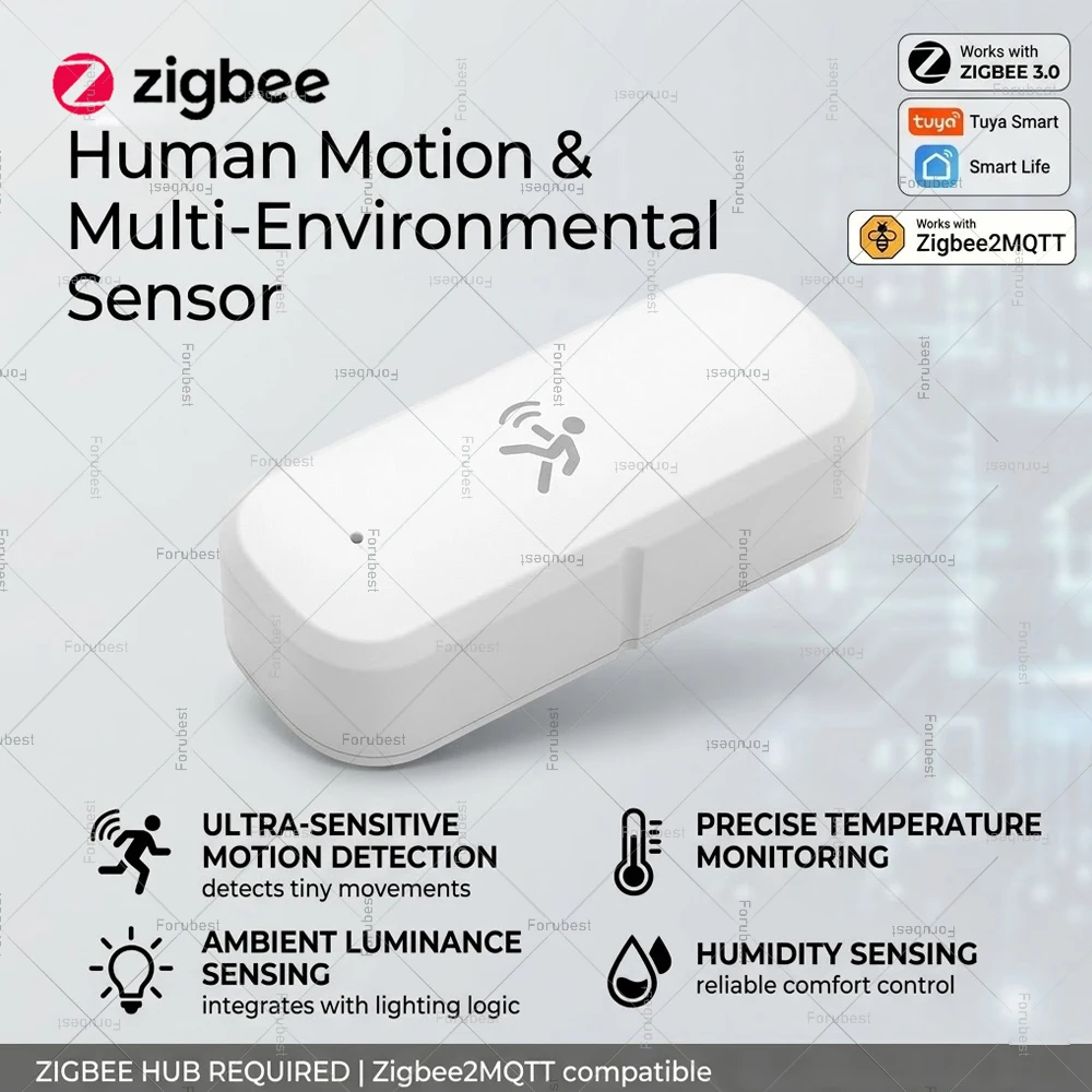 

Датчик движения Zigbee 10G с радаром MmWave, детектор присутствия человека, с датчиками освещенности, температуры и влажности, совместим с Tuya Home Assistant 2MQTT