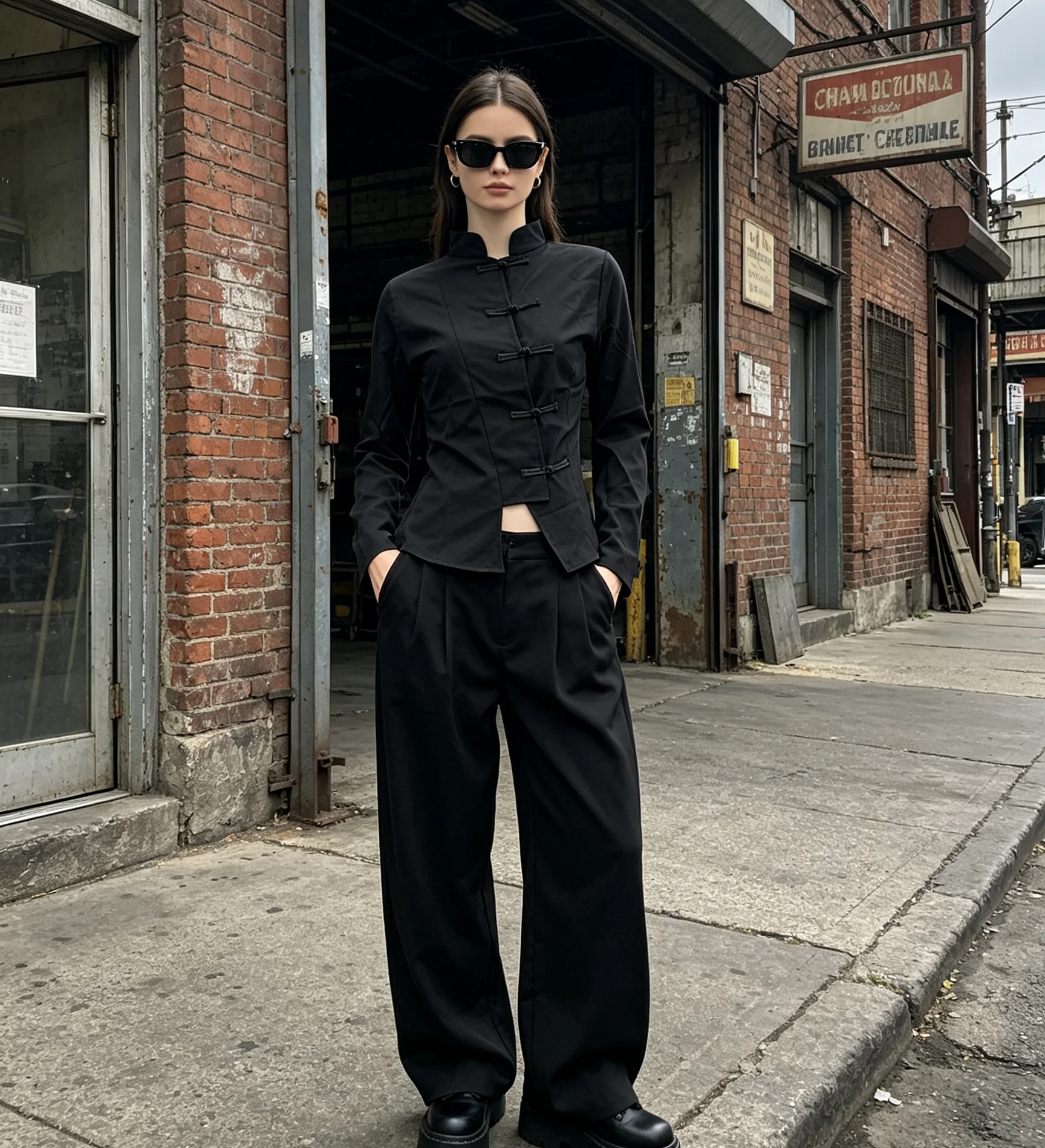 European and American Street Style Black Buckle Personality Design Long Sleeve Top