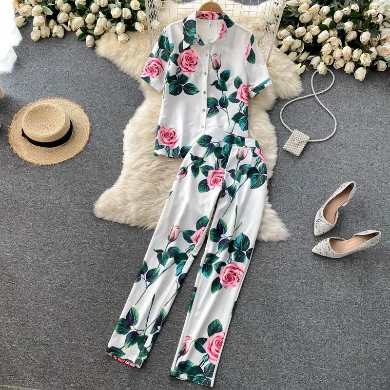 

Fashion Summer Women Clothing Runway Suits Short Sleeve Floral Print Shirt + Hight Waist Pencil Pants 2 Piece Set outfits N69131