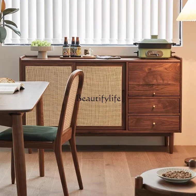 

05 FG17Black Walnut Dining Edge Modern Simple Storage Cabinet Solid Wood Rattan Cabinet Household