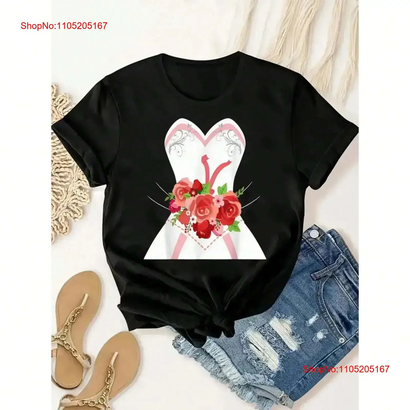 

Women's Soft Pattern T shirt Wedding Heart shaped and Floral vintage Washed Breathable streetwear Stretched Versatile