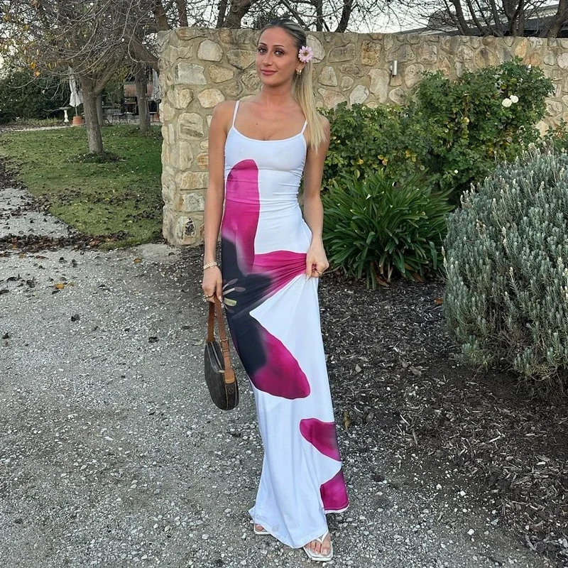 Elegant Printed Backless Long Dress Summer Women's Fashion Contrast Color Party Dress Patchwork Suspender Long Dress 2024 New