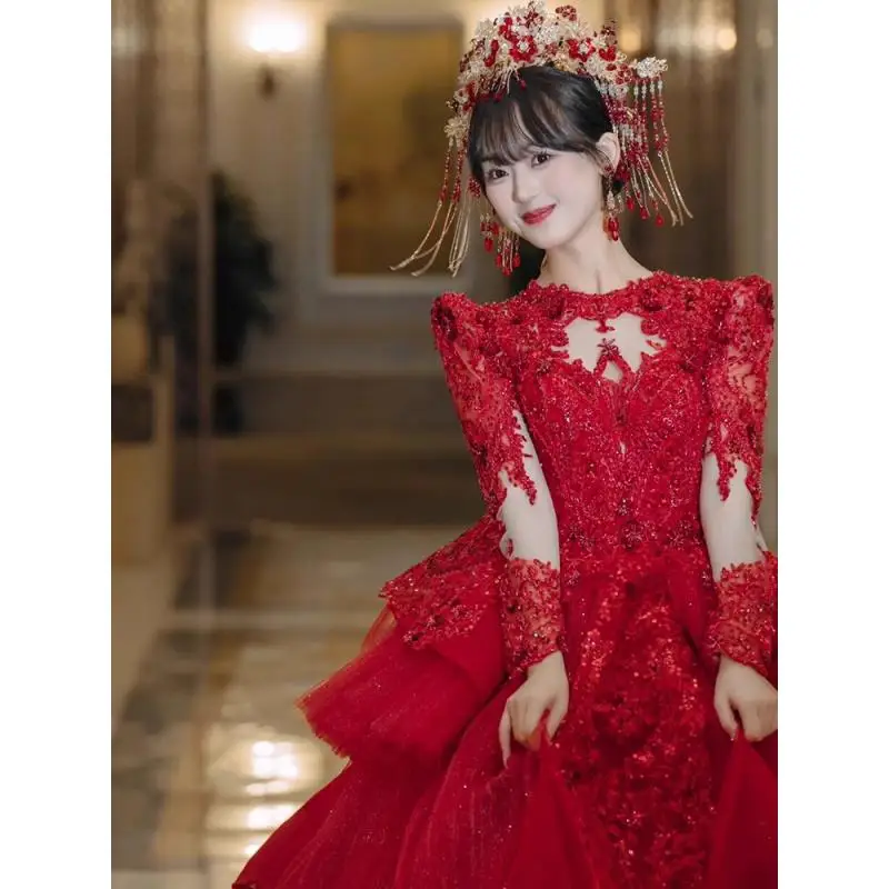 Red Main Wedding Dress Bride's Trailing Embroidery Heavy Starry Sky With Diamond Dress Outdoor Veil Long Sleeves  Customized