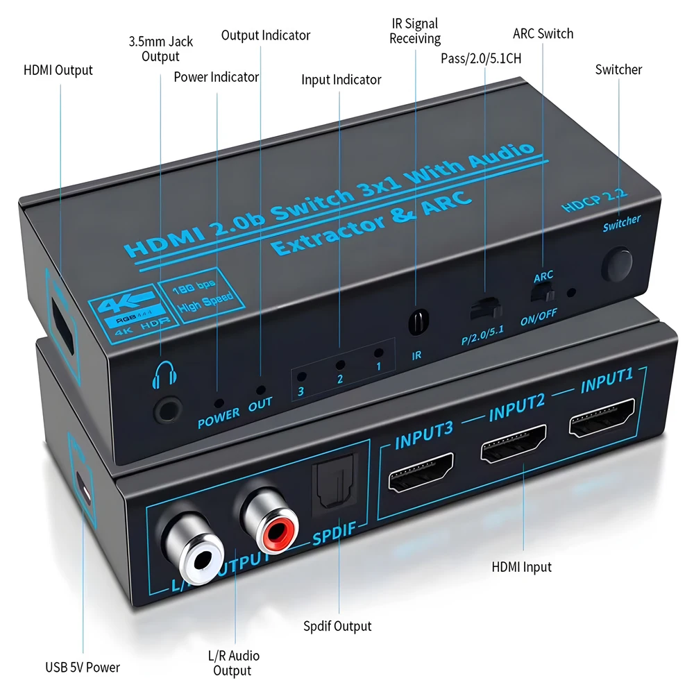 3 Port HD-MI 2.0 Audio Extractor For PS5 4K 60Hz HD-MI2.0b HD-MI ARC Switch With Audio Toslink Stereo HDCP 2.2 4K60Hz