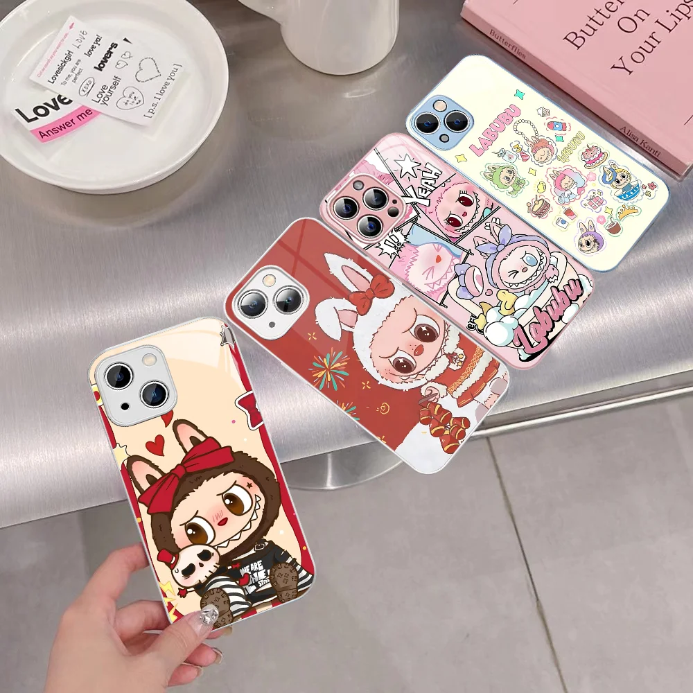 New K-Kawaii Cute L-Labubu Phone Case Tempered Glass For iphone 14 13 12 11 Pro Mini XS MAX 14Plus X XS XR Cover