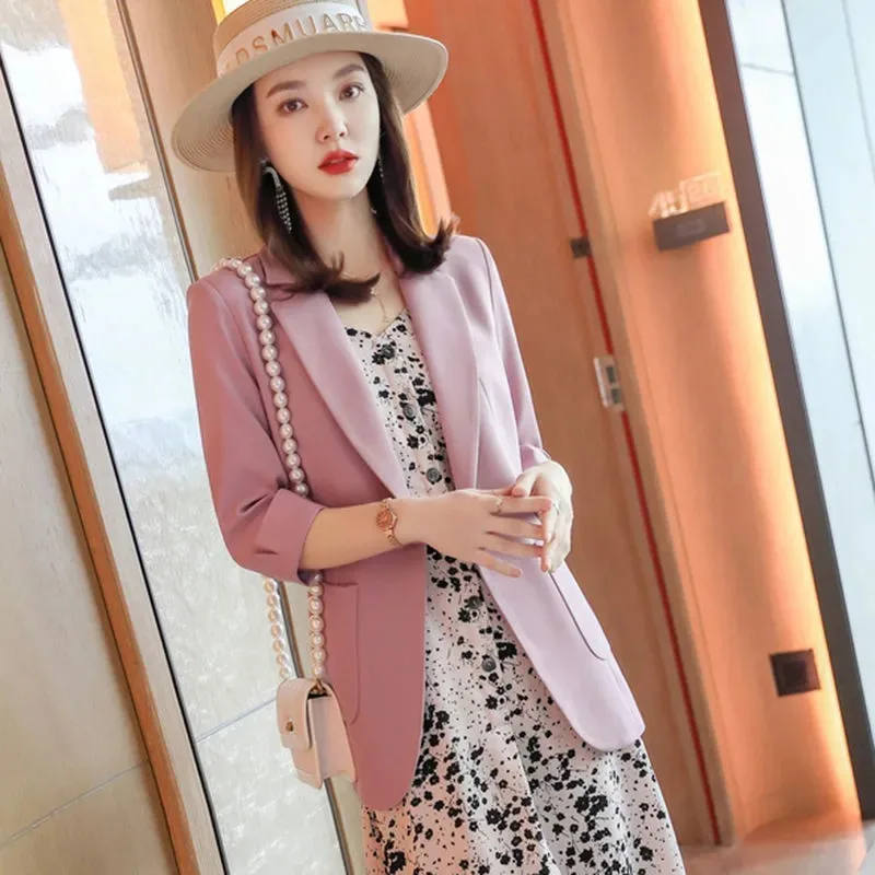 Women's Pink 3/4 Sleeve Blazer & Black Ink Floral Print Midi Dress Two Piece Outfit