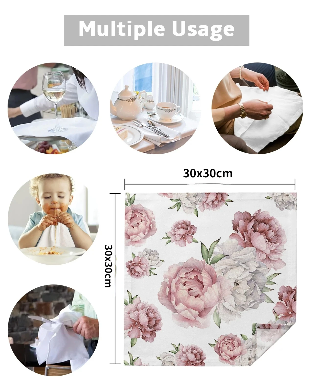 2Pcs Flowers Pink Peony White Cloth Napkins Table Decoration Tea Towels Birthday Wedding Party Decoration Reusable Napkin