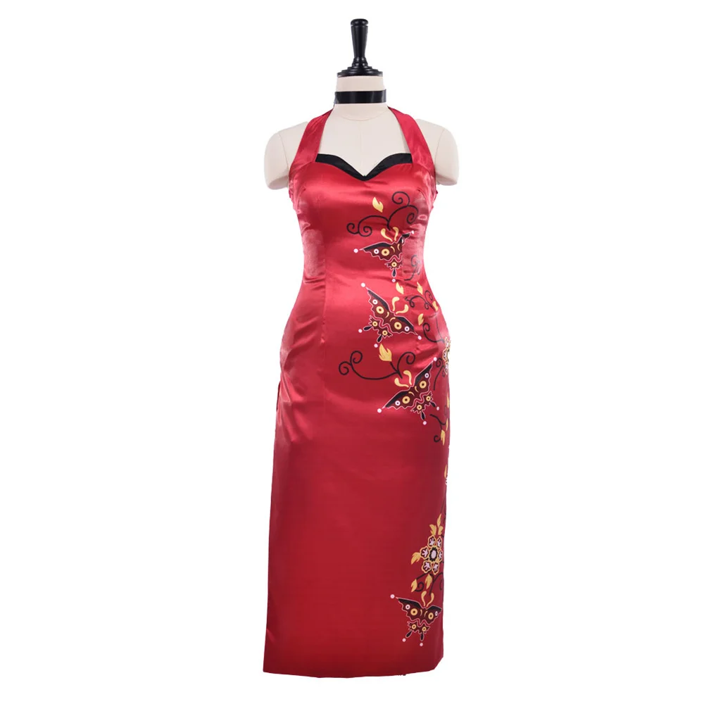 Disfraz de Cosplay de Ada Wong para mujer, vestido Cheongsam bordado con cuello Halter rojo Sexy y funda, trajes de Navidad y Halloween