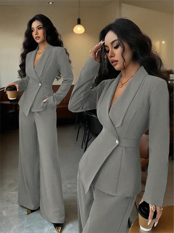 Damen-Wickelblazer-Anzug, zweiteiliges Set, mit Gürtel, V-Ausschnitt, langärmelige Jacke, Hose mit weitem Bein, schmal geschnitten, elegant, formell, für Büro und Partys. – Detail 12