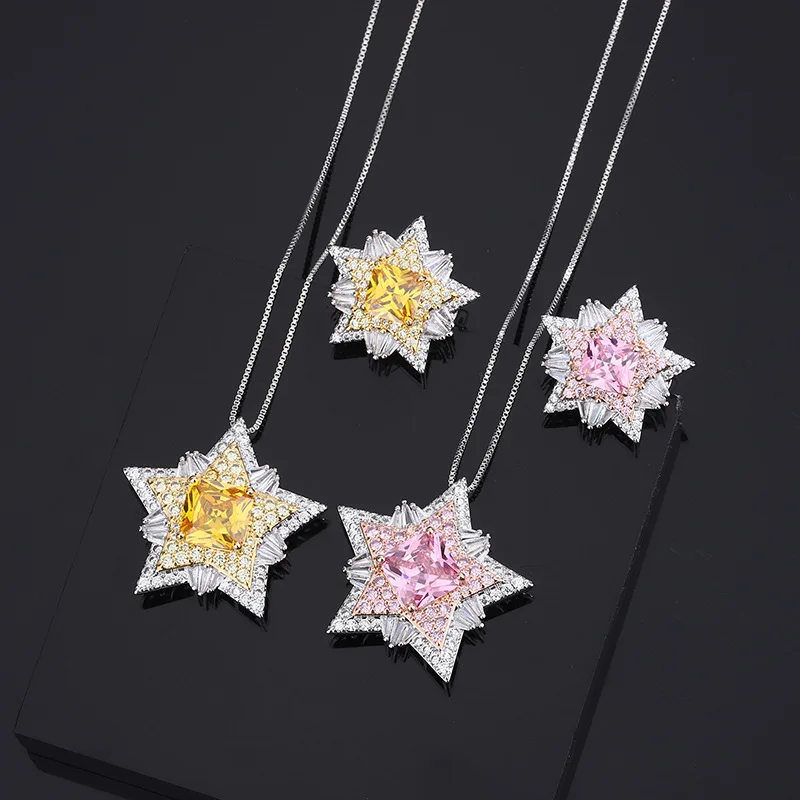 

Jewelry Lively Star Flower Necklace for Women Pink Diamond Pentagram Ring Light Luxury Yellow Crystal Zircon Ring