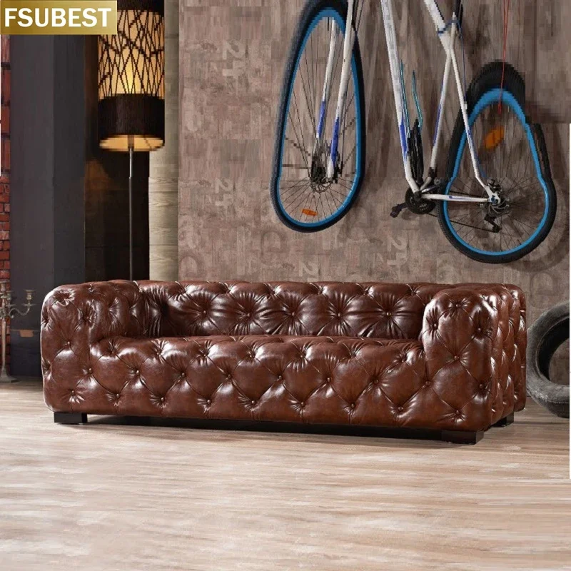 High Quality American Country Retro Industrial Style Dark Brown 3 Seater Leather Hotel Living Room Sofas Furniture