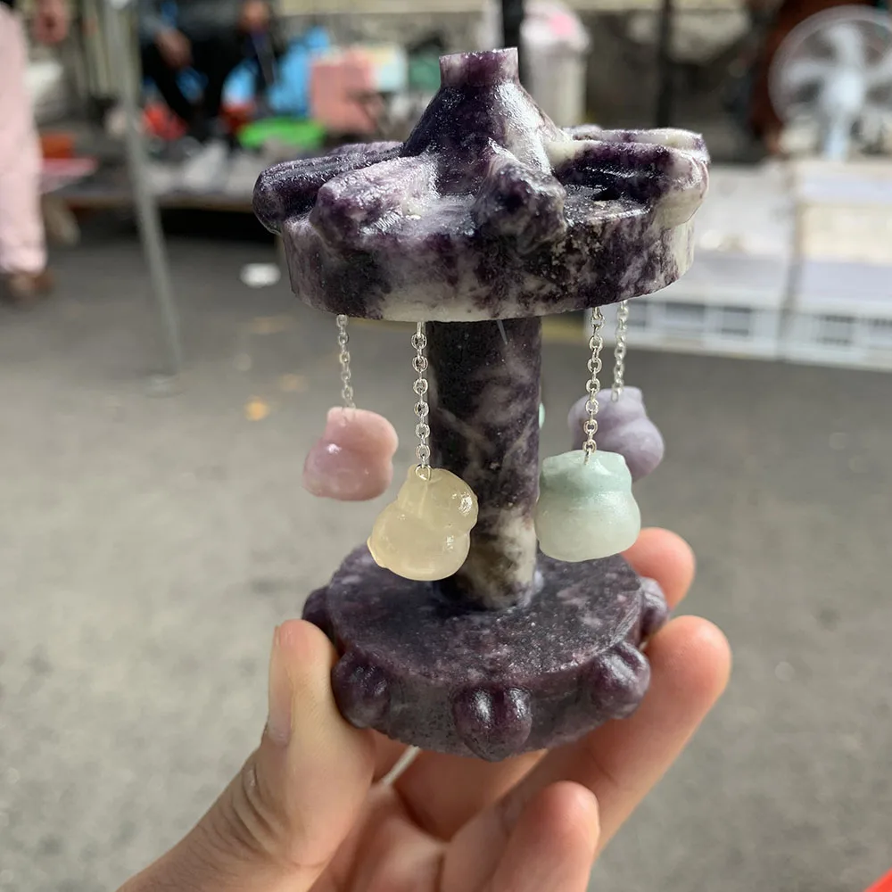 Custom Lepidolite Crystal Carousel Figurine - Handcrafted Gemstone Rotating Carousel Decor with Hanging Mini Animal Pendant
