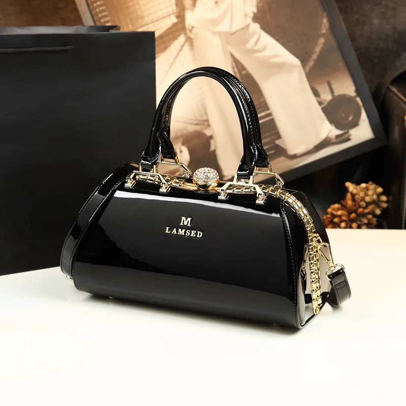 Glossy Patent Leather Handbag For Women Crossbody Bag Top Handle Tote Evening Shoulder Wedding Satchel Retro Purse