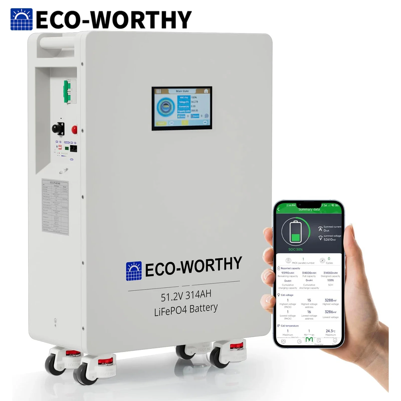 Batteria LiFePO4 Eco-Worthy 48V 100Ah 10.1KWh con interruttori automatici per accumulo di energia, BMS Pace 200A, RS485, CAN, RS232, Bluetooth, per accumulo di energia solare e backup domestico