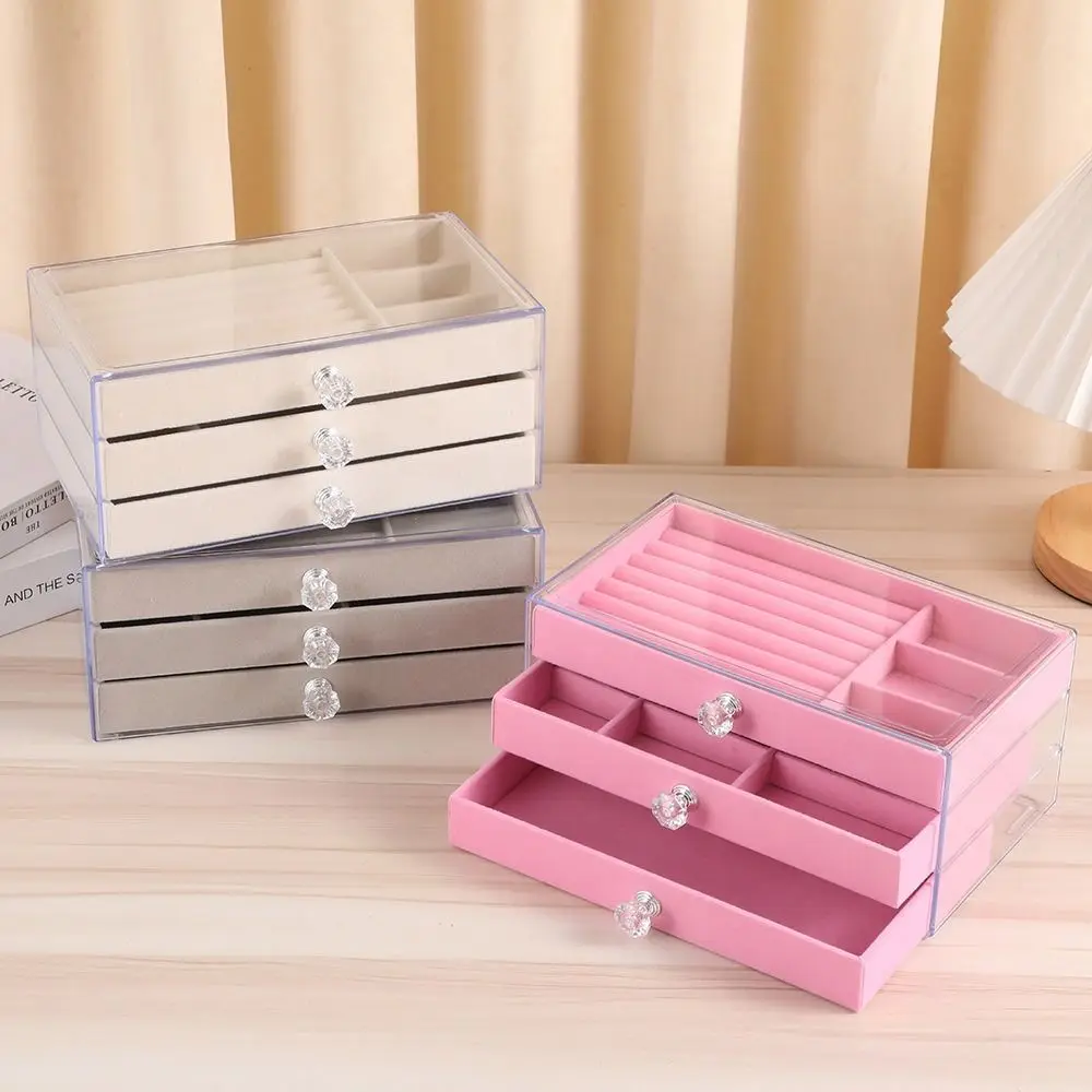 

3-Tier Jewelry Storage Box Transparent Dust-proof Flannel Jewelry Box Plastic Square Three Drawer Jewelry Box Storage