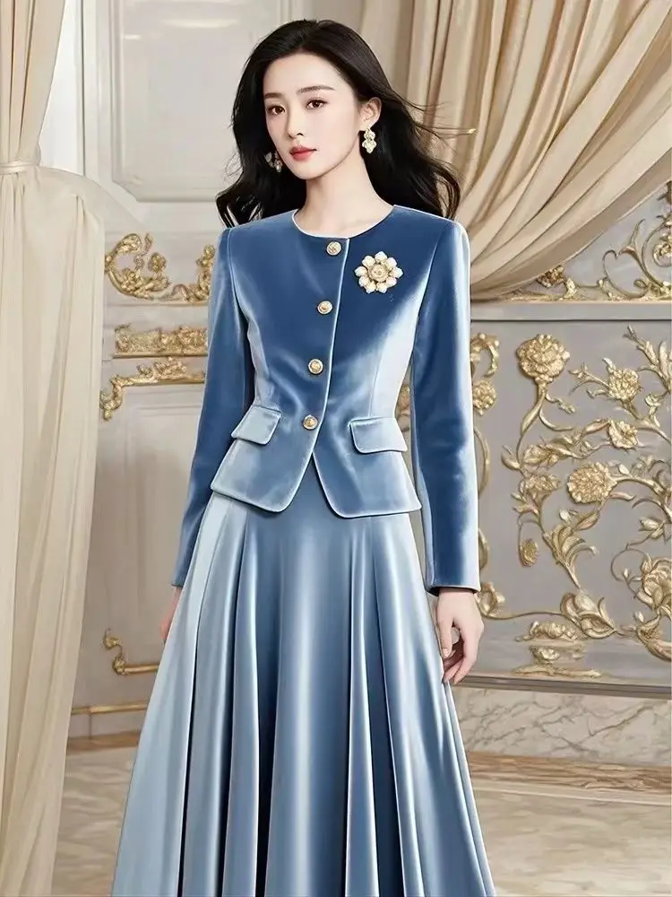 Vintage Elegante Blaue Samt Zwei Stück Set Frauen Herbst Winter Neue Französisch Stil Dünne Mantel Luxus Hohe Taille Halb Rock Set