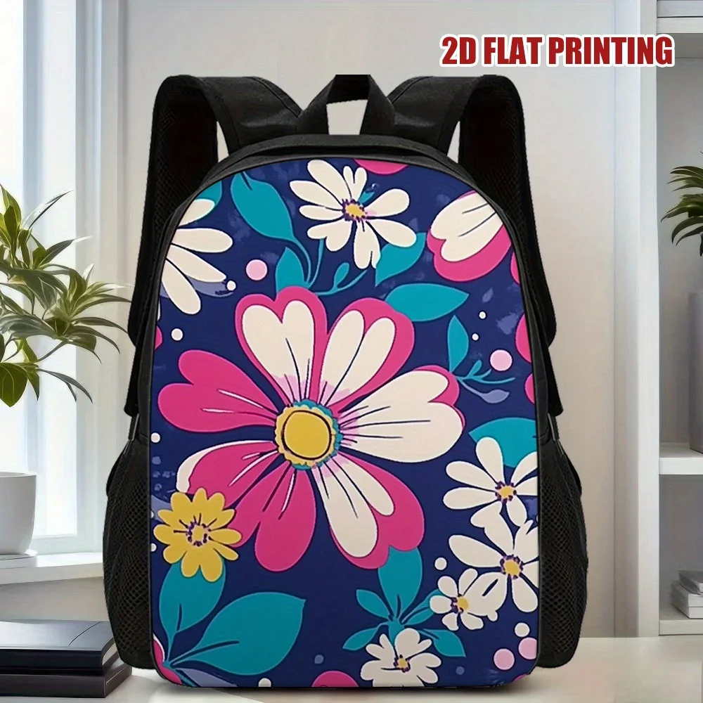 

1 large capacity floral backpack - 2D flat print design, pink, white and yellow flowers on blue background, adjustable double