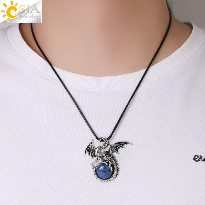 CSJA Vintage Wing Dragon Crystal Necklace for Men Women Natural Stone Round Gem Stone Crystals Obsidian Pendants Jewelry H146
