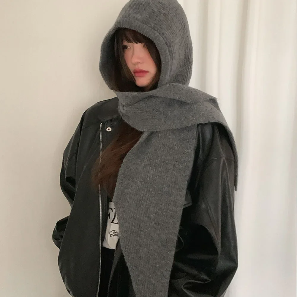 Multicolor Balaclava Women's Autumn and Winter Warm Wool Hat Scarf Integrated Hooded Scarf Knitted Hat Trendy