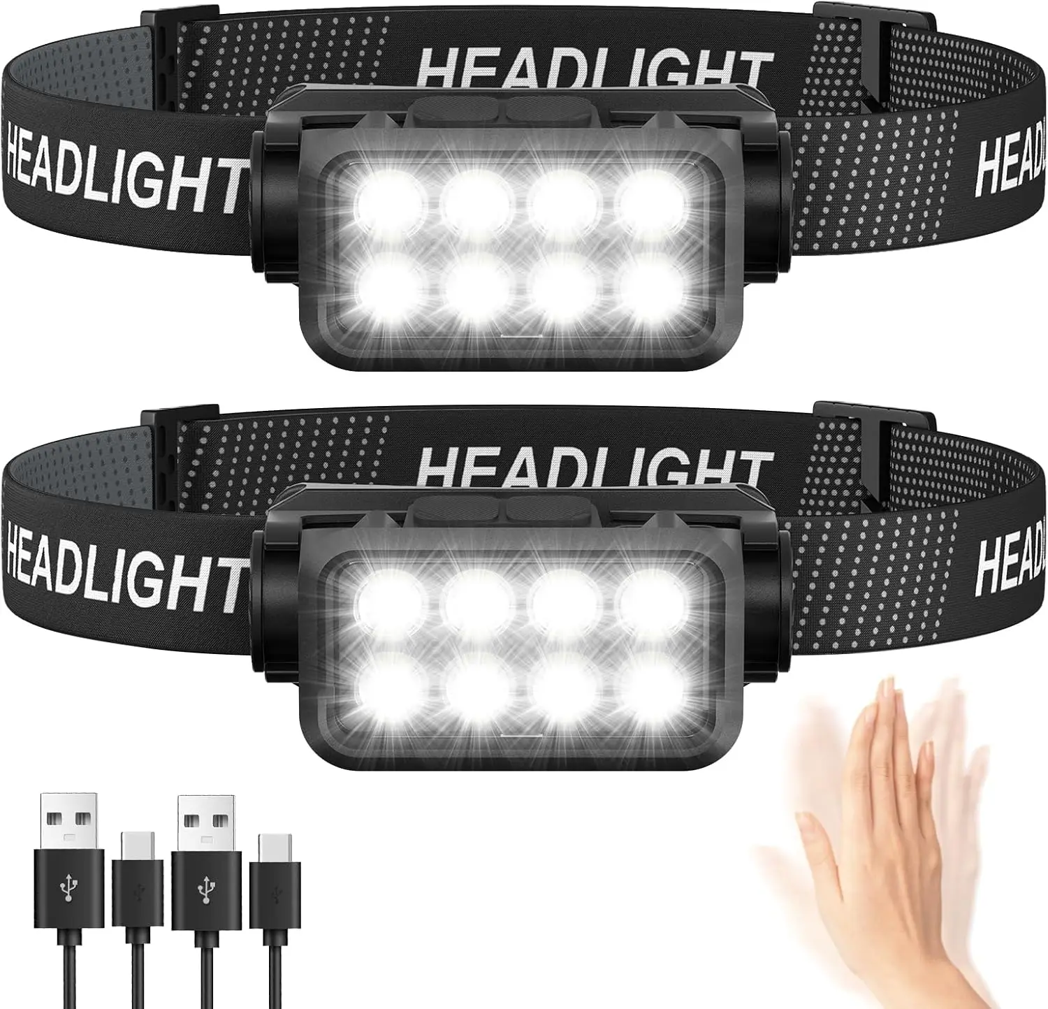 Motion Sensor Rechargeable Headlight Flashlight 8 LED Ultra Bright Headlights Fishing Headlamp Led Forehead Head Lamp Flashlighs