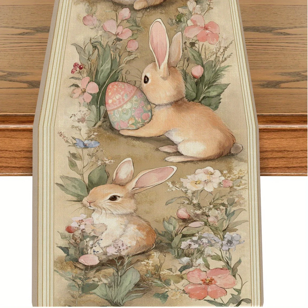 1 Easter Hand-Painted Rabbit Table Runner with Cute Rabbits, Easter Eggs and Floral Patterns on Light Background, Suitable for Easter Parties, Pastoral B&Bs, Parent-Child Activities, Handicraft Markets, Cafe Decorations, Home Soft Furnishings, Spring Parties, and Kidsren's Room Decorations