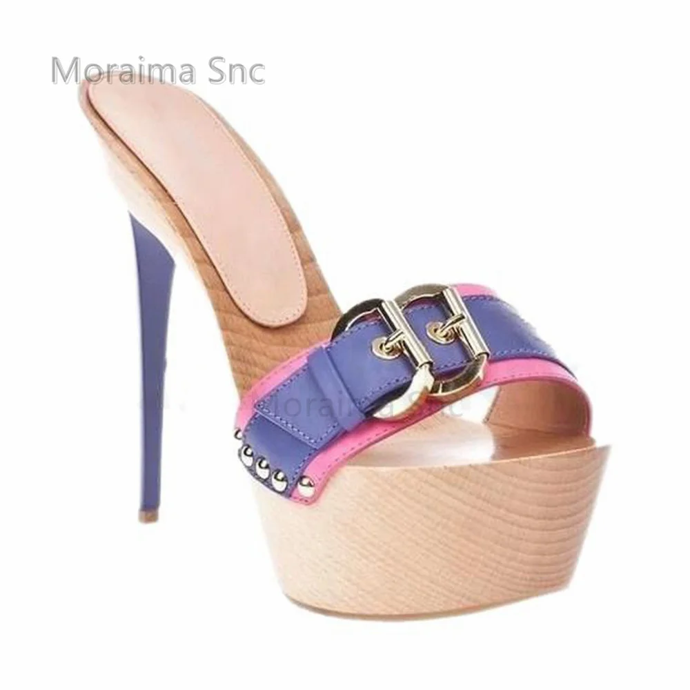 Belt Buckle Platform Stiletto High Heel Slippers for Women Metal Decorative Sandals Sexy Mature Summer Shoe Multicolor Heels