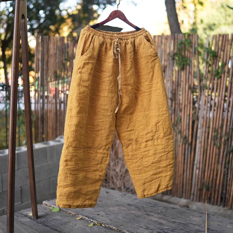 Pantalones de algodón de lino tejido de tela Natural para mujer, pantalones cálidos de cintura alta gruesos de invierno, Pantalones rectos con cordón de pierna ancha