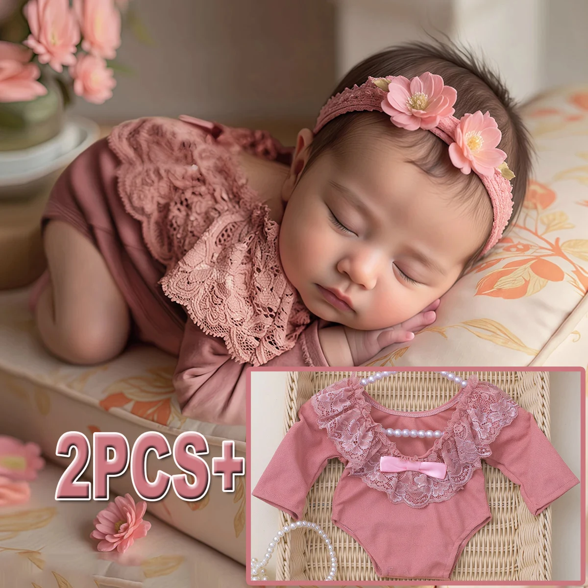

2 шт. Набор для фотосессии новорожденных: нежный комбинезон для девочки, мягкий розовый, с длинным рукавом + кружевной воротник с бантом, реквизит для фотосъемки младенцев