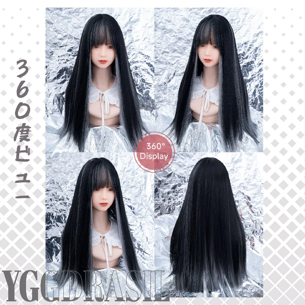 24 بوصة الأسود والرمادي القوطية نمط بيروكات صناعية مع الانفجارات متوسطة شعر طبيعي مستقيم شعر مستعار للنساء تأثيري مقاومة للحرارة #5