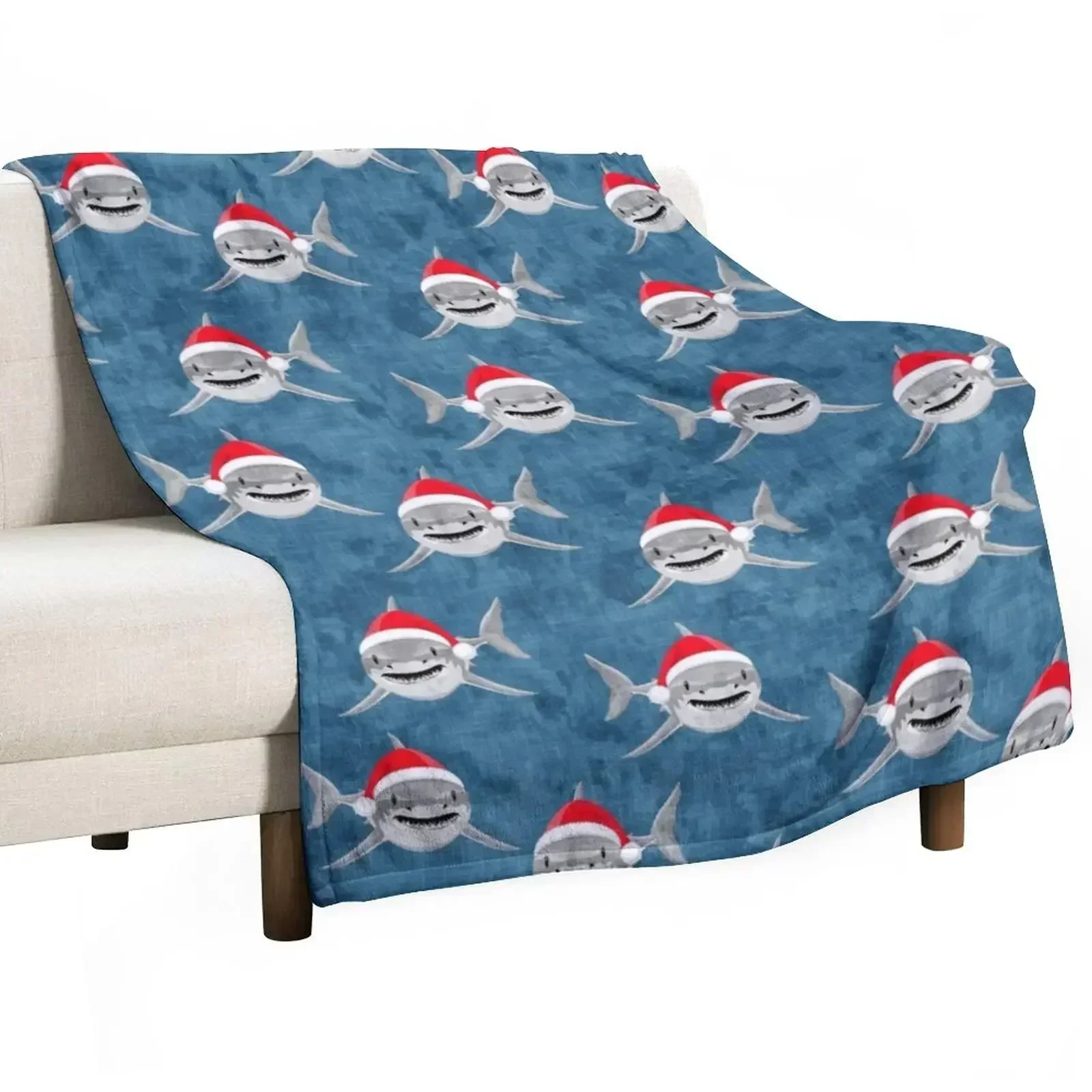 Santa Sharks - blue - Christmas shark Throw Blanket Bed covers Shaggy Nap bed plaid Designers Decorative Beds Blankets
