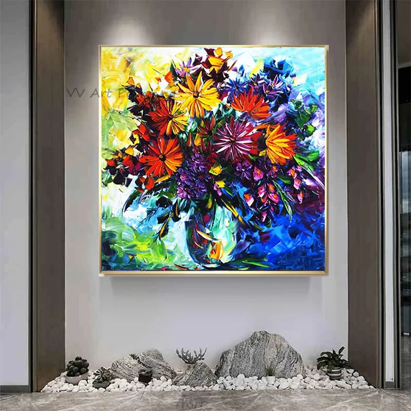 

100% Handmade Color Dasiy Oil Painting Flower Wall Pictures for Living Room Decor Vase Graph Picture Palette Nature Mural Draw