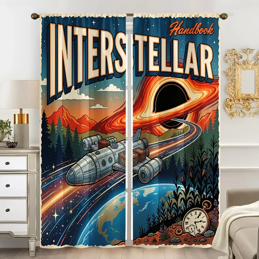 Interstellar Movie Poster Curtains 2pcs Sci Fi Space Wormhole Window Drapes Cinematic Science Fiction Home Decor Curtains Pair