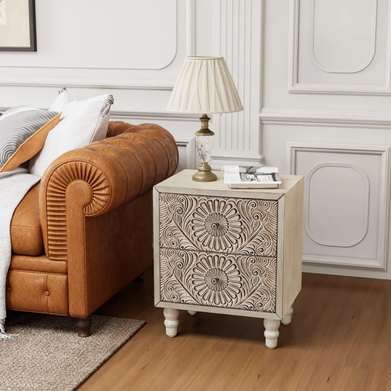 منضدة، طاولة نهاية MDF مقاس 14 بوصة عمق × 18 بوصة عرض × 21.5 بوصة مع درجين، طاولة بجانب السرير خشبية على الطراز العتيق، ملحقات غرفة النوم للمنزل