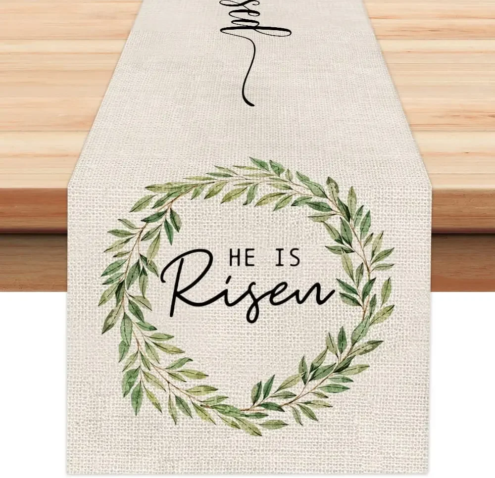 Easter He Is Risen Linen Table Runner Wedding Decoration Spring Dining   Farmhouse Theme Gathering Party