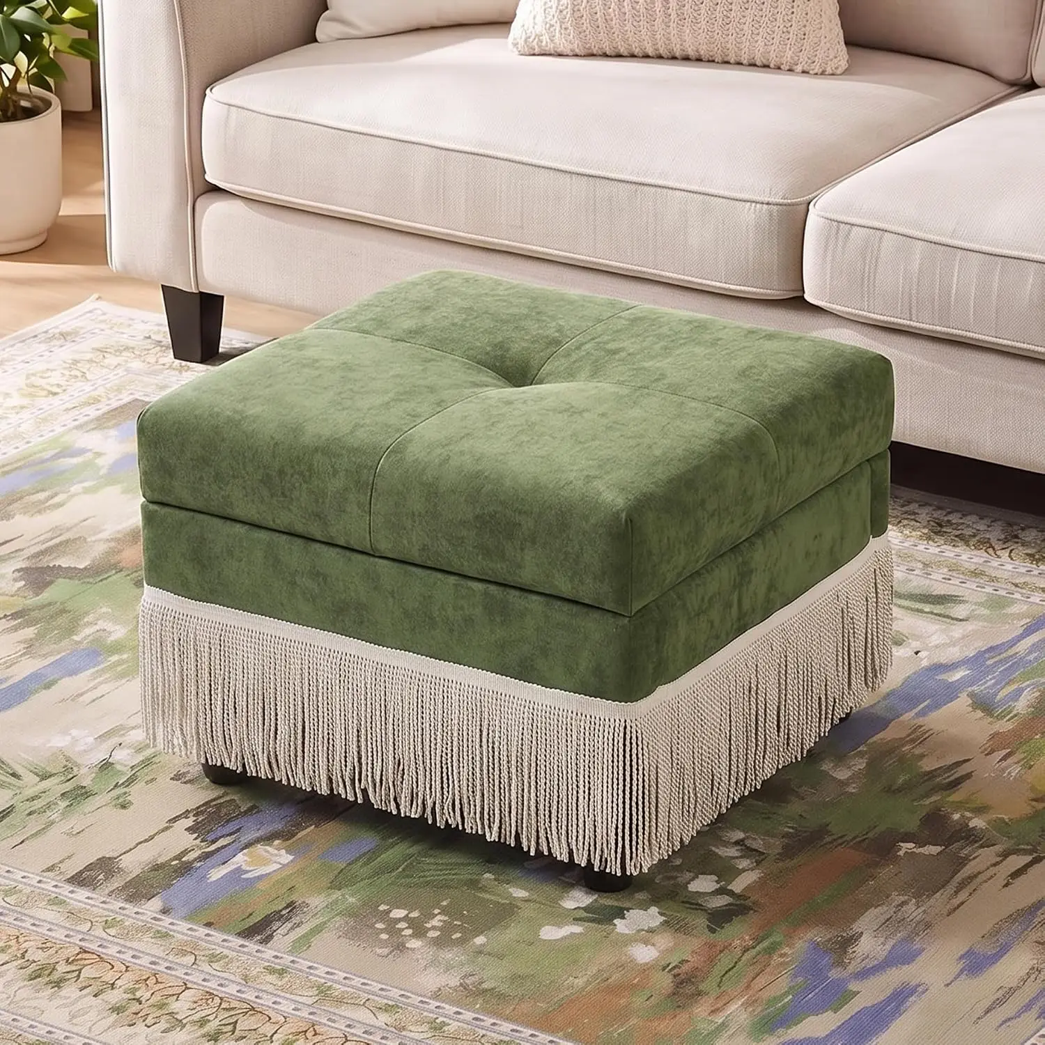 Square Fringe Ottoman Storage Button Tufted Chenille Padded Pouf Footstool Bench Entryway , Customized