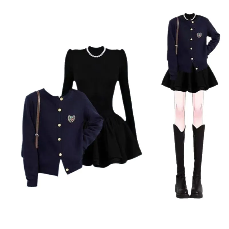 Fashion Women's Set Spring and Autumn Embroidered Knitted Cardigan Black High Waist A-line Skirt Two Piece Set view 5