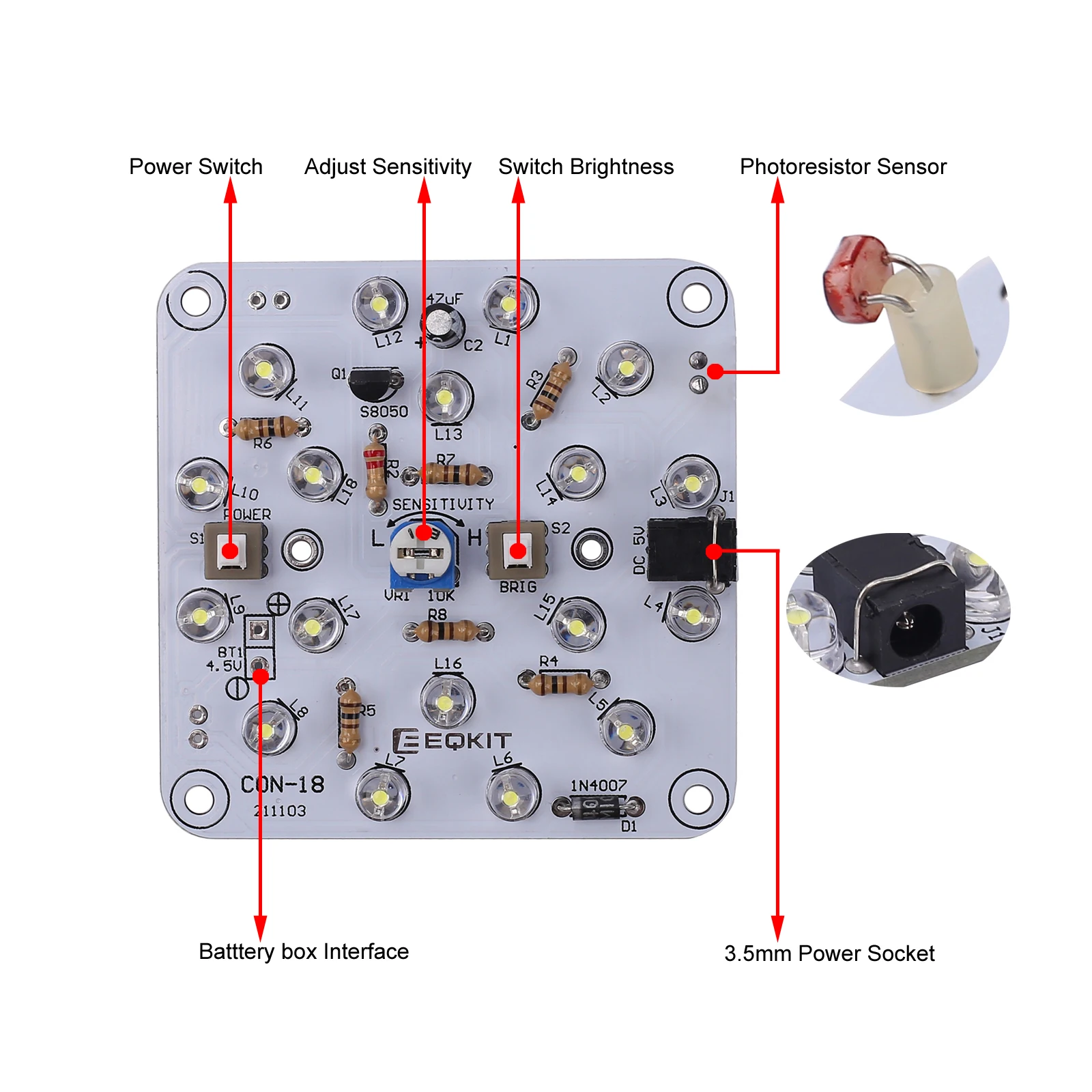 Night Light DIY Electronic Kit DC 4.5V-5V Photocontrol Lamp DIY Soldering Project Practice White LED Light Brightness Controller