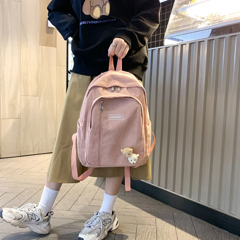 Mochila escolar bonita para adolescentes, bolso de pana a rayas para mujer, mochila Harajuku de algodón con cremallera, mochila de viaje Simple Kawaii, mochila suave sólida