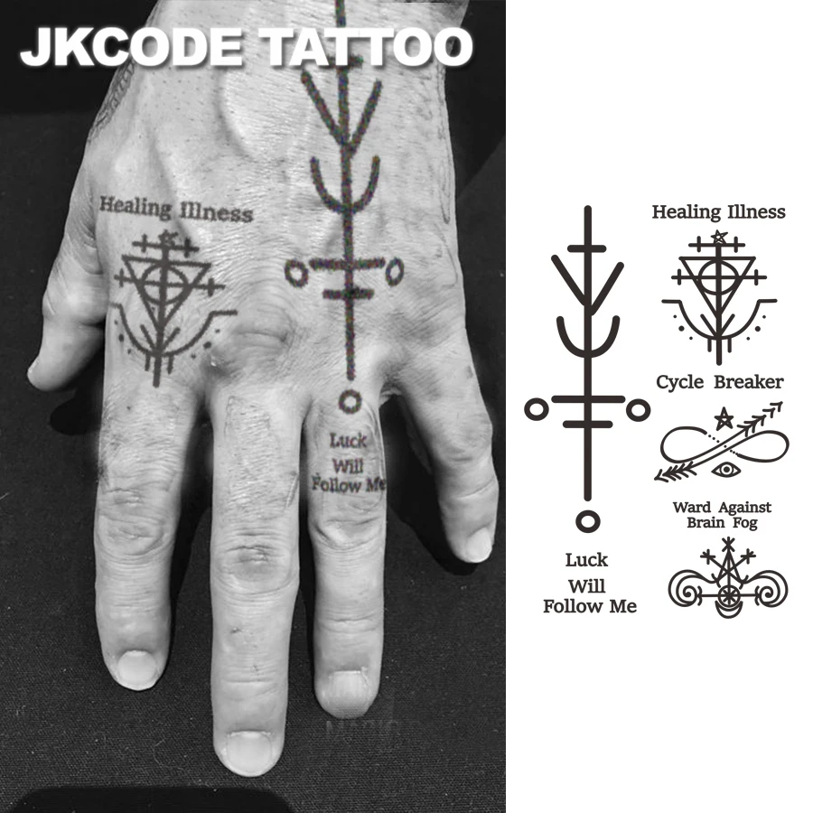 Lucky Symbol Tattoo - Herbal Temporary Tattoo Viking Symbol Mysterious Totem - Protection - Nordic Healing Style - English Text Lines Pirate Style for Men, Warm Style for Women, Dual-Use Tattoo Stickers for Hands and Neck, Long-Lasting Waterproof for 15 Days