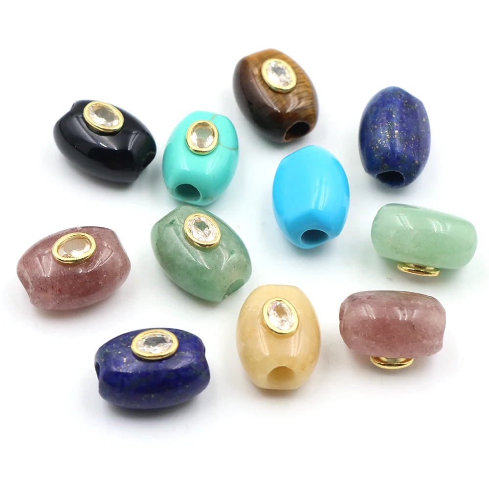 20mm Natural Stone Flat Barrel Bead Inlaid White Zircon Large Hole Loose Gemstone Spacer Beads for Handmade Jewelry DIY Bracelet