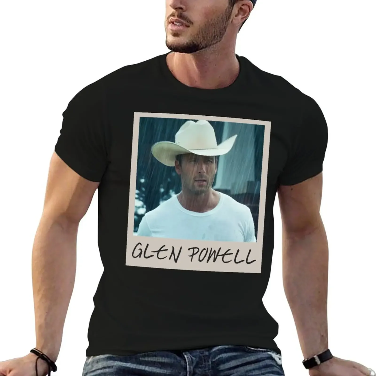 Glen Powell Cowboy Retro Photo Lightweight Sweatshirt anime street wear mens t shirt oversized mens t shirt