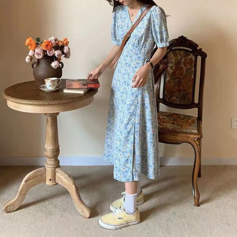 

Chiffon Women Dresses Midi Loose Korean Party Short Summer Light Dress Floral Tunics Fashion Vintage floral for Casual dress