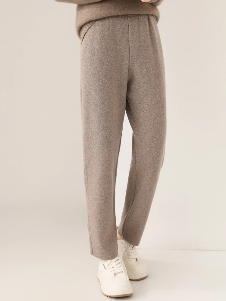 

Classic Woman 100% Merino Wool Pants Elegant Female Autumn Winter Knitwear Thick Pocket Clothing Bottoms Ladies Flat Trousers